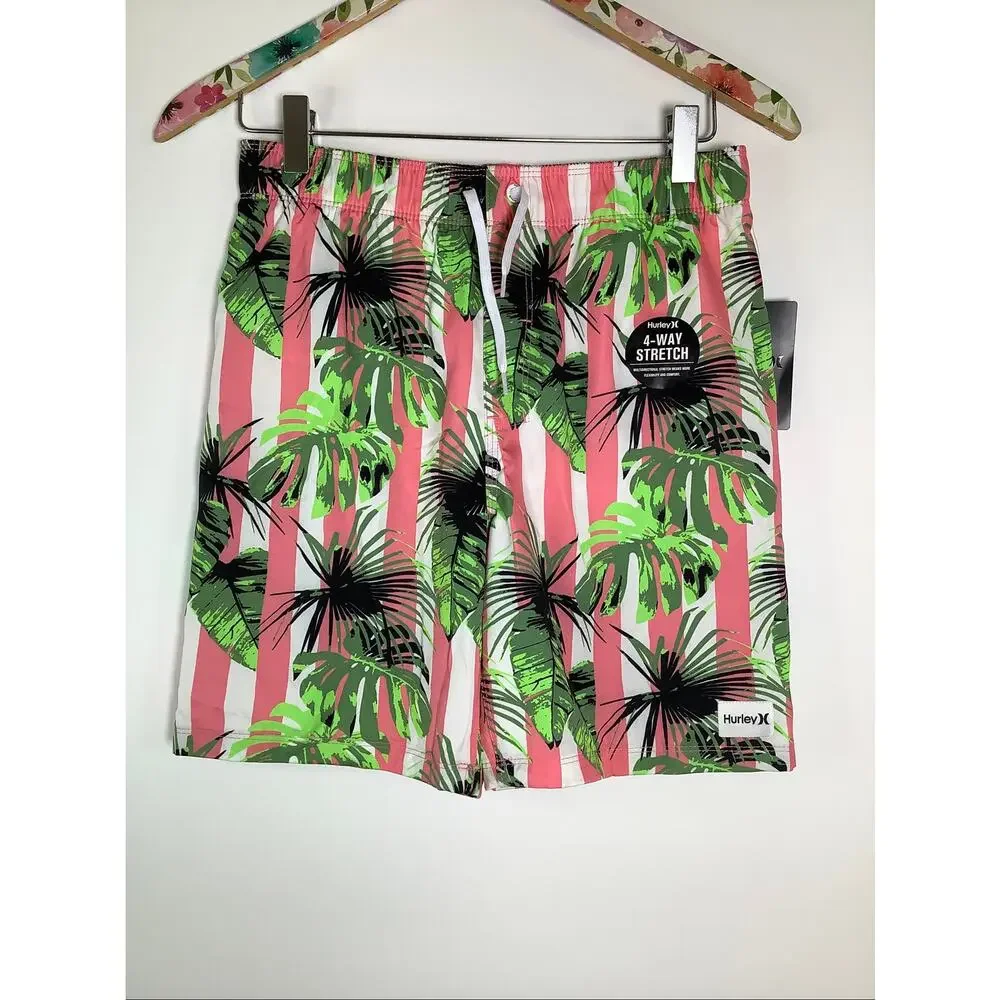 Hurley Boys Large Sunset Coral Cabana Stripe Pull On Swim Trunks Tropical V4-2